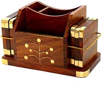 StonKraft Wooden Rosewood Desk Organiser, Coaster/Coasters Set, Pen Stand, Business Card Holder with Brass Work (Office Table Accessories)