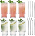 MUJUZE Ribbed Glasses Set with Glass Straw, 6PCS Drinking Glasses Set,Stackable Aesthetic Glass, 310 ml Origami Style Glass Cups,Glasses Set Ideal for Cocktails and Coffee Glasses