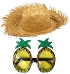 labreeze Male Straw Beachcomber Hat with Pineapple Glasses Hawaiian Tropical Beach Party Set