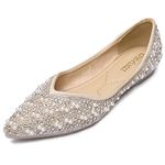 Women's Rhinestone Flats Fashion Pointed Toe Pearl Diamond Low Heel Dress Wedding Flats Work Business Dance Ballet Flats, Apricot, 7