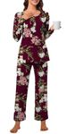 Bestbee Women's Pyjamas Set Plus Size, 2 Piece Outfits Button-Down Nightwear Long Sleeve Long Pant With Pockets Ladies Pjs Set, XL, Floral Wine