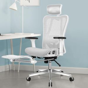 ALFORDSON Ergonomic Mesh Office Chair with 3D Armrest, Recline & Tilt Executive Study Chair with Adaptive Lumbar Support, Computer Gaming Desk Chair with Adjustable Headrest & Footrest, White Grey