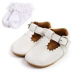 Baby Girls Princess Shoes Baby First Walking Shoes Soft Sole Toddler Mary Jane Shoes Infant PU Leather Prewalkers for 12-18 Months with Sock White