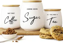 FIFTH FORK Coffee Tea and Sugar Canister Set - 3pc Airtight Kitchen Canisters for Countertop - Ceramic Canister Set for Coffee Bar