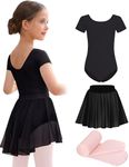 Mecceos Ballet Leotards with Skirt Tights Combo for Toddler Girls Dance Short Sleeve Leotard Ballerina Dresses Outfits (Black, 6-8 Years, MEAM-321)