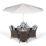 Savannah Rattan Dining Set | Square 4 Seater Brown Rattan Table & Chairs Set with Ice Bucket Drinks Cooler | Outdoor Poly Rattan Garden Dining Furniture Set with Parasol & Cover