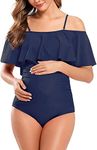 SHEKINI Maternity Swimsuits Off-Shoulder One Piece Swimwear Ruffled Flounce Pregnancy Bathing Suit, Deep Blue, X-Large