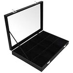 BELLE VOUS Black Velvet Jewellery Organiser Display Case Storage Box with 12 Sections & Glass Lid - Stackable Drawer Tray - Adjustable Storage Grid for Rings, Necklaces, Bracelets, Earrings & Watches