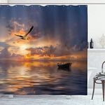 Ambesonne Landscape Shower Curtain, Lonely Boat and Bird Against a Sunset at Ocean with Majestic Clouds in Sky, Cloth Fabric Bathroom Decor Set with Hooks, 69" W x 84" L, Purplegrey Blue