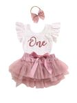 Domisola Baby Girls My 1st Birthday Outfits Sleeveless Floral Lace Romper + Tutu Skirt + Headband Set (B- Fly Sleeve 3pcs Skirt Set- Pink, 6-12 Months)