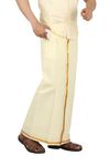 PRAKASAM COTTON Cream Colour-Gold Jari Border Welcro Pocket Stitched dhoti for mens/Size Hip -34 inches- Length- 42 inches