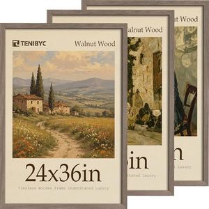 TENIBYC 24x36 Poster Frame Set of 3 - Brown Walnut, Natural Solid Wood Picture Frame, Wall Hanging