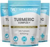 Turmeric Tablets 4000mg with Circumin, Black Pepper & Ginger | 360 High Strength Vegan Turmeric Tablets (Not Capsules or Powder) | 6 Month Daily Supply | Turmeric Supplement | Made in UK