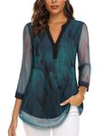 Zamowoty Blouses for Women Dressy Casual Chiffon Spring Fall Blouses V Neck Double-Layered Mesh 3/4 Sleeve Tops for Evening Wear Flattering Wedding Guest Holiday Party Clothes Peacock Blue XL