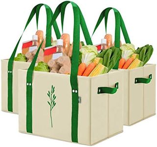 Green Bulldog Reusable Grocery Bags - Heavy Duty, Foldable, Space Saving Tote Shopping Bags - Box Bag w/Straps And Handles (Set of 3) - Taupe