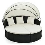 Tangkula Outdoor Patio Round Daybed with Retractable Canopy, Black Rattan Wicker Furniture Sectional Seating with Cushions and Throw Pillows, Seating Separates Cushioned Seats for Backyard