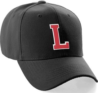 Classic Baseball Hat Custom A to Z Initial Team Letter, Black Cap White Red Letter L