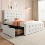 IDEALHOUSE Full Size Bed Frame with 4 Storage Drawers and Headboard, Faux Leather Upholstered Platform Bed Frame with Wooden Slats Support, Button Tufted Design, No Box Spring Needed, Beige