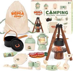 Kids Camping Toys Set - Pretend Play Camping Set with Food Toy, Spray Stove, Oil Lantern, Binoculars, Compass, Tableware, Watch & Storage Bag, Indoor Outdoor Toy for 3 4 5 6+ Year Old Boy Girl Gift