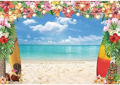 LIVUCEE 7x5ft Summer Hawaiian Beach Backdrop for Photography Tropical Flower Luau Hawaiian Party Decorations Aloha Blue Sky Ocean Palm Leaves Background Supplies Photoshoot