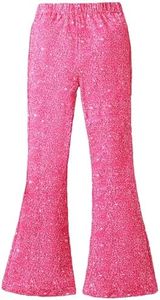 WDIRARA Girl's Glitter Elastic Waist Flare Bell Bottom Party Stretch Pants Hot Pink 11-12Y
