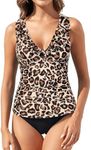 Yonique Womens Two Piece Swimsuits Ruffle Flounce Tankini Tummy Control Bathing Suits V Neck Swimwear, Leopard, Large