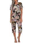 Ekouaer Comfy Lounge Sets for Women Short Sleeve V-Neck Tops with Capri Pants Floral Printed Pajama Set with Pockets