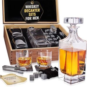 Whiskey Decanter Gift Set by Royal Reserve – Liquor Bourbon Decanter 34 oz 1000 ml with Glasses, Chilling Stones, Coasters and Tong – Christmas Whiskey Gifts for Men, Husband, Dad, Boyfriend