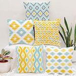 STITCHNEST Ikat Yellow Teal Printed Canvas Cotton Cushion Covers, Yellowteal Combo Set of 5 (16 x 16 Inches)