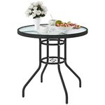 SogesHome 31 Inch Round Tempered Glass Patio Dining Table Patio Table Coffee Table Dining Bistro Table, for Outdoor Garden Balcony Backyard Poolside Lawn, with Umbrella Hole, Black