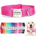 SEOUGEE Personalised Dog Collar with Engraved Metal Buckle, Reflective Nylon Collars for Small Medium Large Dogs with Custom Name Plate Phone Number (Rose Red, M:Neck 35-50cm,Width 2cm)