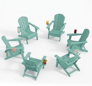 PLUUV Folding Adirondack Chair Set of 6, Easy Storage Space Saving, 380 LBS Capacity Weather Resistant HDPE with Two-Cup Holder for Outdoor Patio Fire Pit Gathering, Aruba