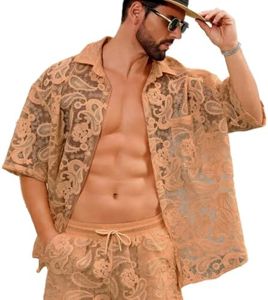 CAALEIS Khaki Knit Hollow Out Set for Men Summer – Sexy Men's See Through Shirt and Shorts, Gay Party Outfits, Sleepwear Romphim Loungewear (Dark Khaki, XXL)