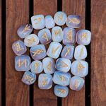 Crocon Opalite Engraved Rune Stones Set (25 Pcs) for Beginners with Elder Futhark Alphabets for Healing Chakra Crystals Reiki feng Shui Runes Set with a Pouch & Rune Size: 15-20 mm