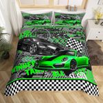 Kids Race Car Duvet Cover Set Twin Size,Children 2 Pieces Breathable Green Sports Car Bedding Sets(1 Duvet Cover+1 Pillowcase),Extreme Sports Printed Comforter Cover Set for Teens Boys