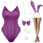 Womens Bunny Girl Suit Anime Role Costume senpai Cosplay Bodysuit One Piece stockings set（Purple Plus size 5XL)