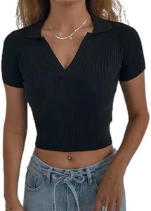 Hyipels Women Knit Crop Polo Shirts,Summer Short Sleeve Ribbed Collared T-Shirt Solid Fitted V Neck Tops Black