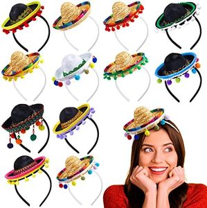 Mumufy 12 Pcs Cinco De Mayo Sombrero Headband Hats Bulk Mini Hat Headband with Fiesta Fabric Mexican Theme Decorations(Classic)