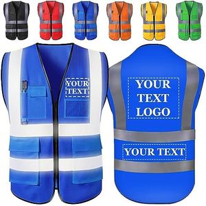 Custom Safety Vest Personalized Logo/Text/Name Customize High Visibility Vests with Pockets and Zipper Bulk for Women Men Work-Blue