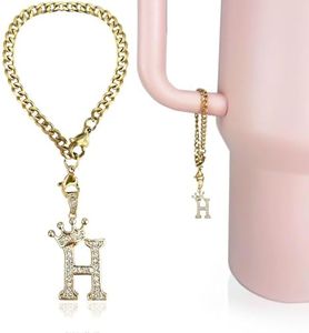 LUHOHI Cup Charms for Stanley Handle- Crown Letter Charms Accessories for Stanley Handle 40 Oz Tumblers Gold Initial Keychain Water Bottle Cup with Diamond Glitter Jewelry Personalized Decorations H