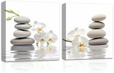 CXHOSTENT Zen Bathroom Wall Art Decor 2 Panel White Orchid Flowers and Zen Stones on Water Pictures Print on Canvas for Yoga Meditation Spa Decor (Zen-1, 12.00"x12.00"x2P)