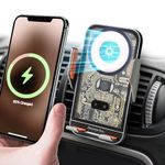 ElectraVire Wireless Car Charger & Phone Holder, 15W Fast Charging, Auto-Clamping, Qi-Certified, Universal Air Vent Mount, Compatible with iPhone, Galaxy & MagSafe, Transparent Design