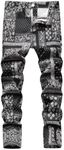 Classlong Men's Casual Printed Slim Fit Jeans Skinny Denim Pants (Black Pattern,28)