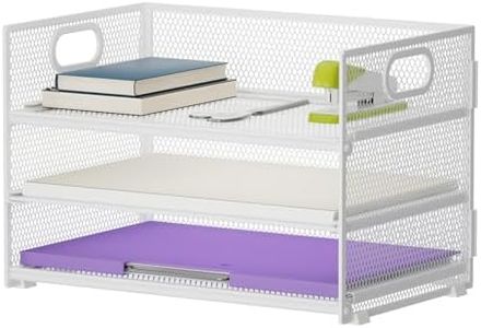 Marbrasse Organizer Scrivania,Vassoio Portacarte a 3 Scomparti con Maniglia,Vassoio Organizzatore da Scrivania a Rete per File A4,Forniture per l'Ufficio Domestico(Bianco)