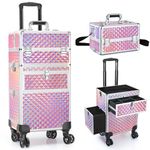 Professional Rolling Makeup Train Case, Multi-functional Cosmetic Trolley with 360° Swivel Wheels Keys, Large Storage Traveling Cart Trunk, Cosmetic Train Cases for Nail Technicians Hairstylist, Pink, Make Up Organizers and Storage