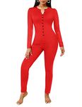 Ekouaer Bandage One Piece Pajama Romper Long Sleeve Jumpsuit Sleepwear For Women, Red, Small, Red, Small