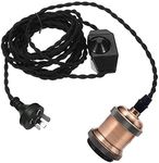 NUNU Lighting Light Bulb Socket Lamp Holder Base To AU Plug-in Power Cable Adapter，Single Vintage Edison Socket plug in Pendant Light Kit Cord with Dimmer Switch and 15FT Twisted Black Cloth Bulb Cord Hanging Light Fixture