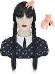 FOVER Girls Black Braided Wigs for Goth Costume Girls Women Long Black Wig with Bangs Natural Cute Wigs for Halloween Costume Cosplay FE030BK