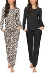 Ekouaer 2 Pack Womens Pajamas Sets Long Sleeve Jogger Pjs Lounge Sets with Pockets Black&Brown Leopard Print XX-Large