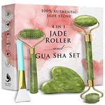 Jade Roller and Gua Sha Set for Face | 100% Authentic Natural Jade Gua Sha 4 in 1 Face Roller | Premium Skincare, Original Gua Sha Facial Tools, GuaSha Face Massager Guasha Tool for Face